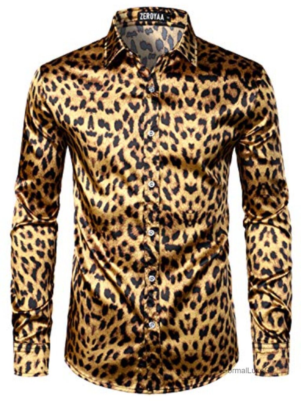 Men's Satin Button Up Dress Shirt Printed Leopard Slim Fit Club Party
